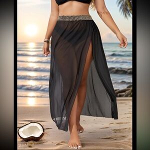 Bathing Suit Cover Sheer Black Beach Skirt with Slit